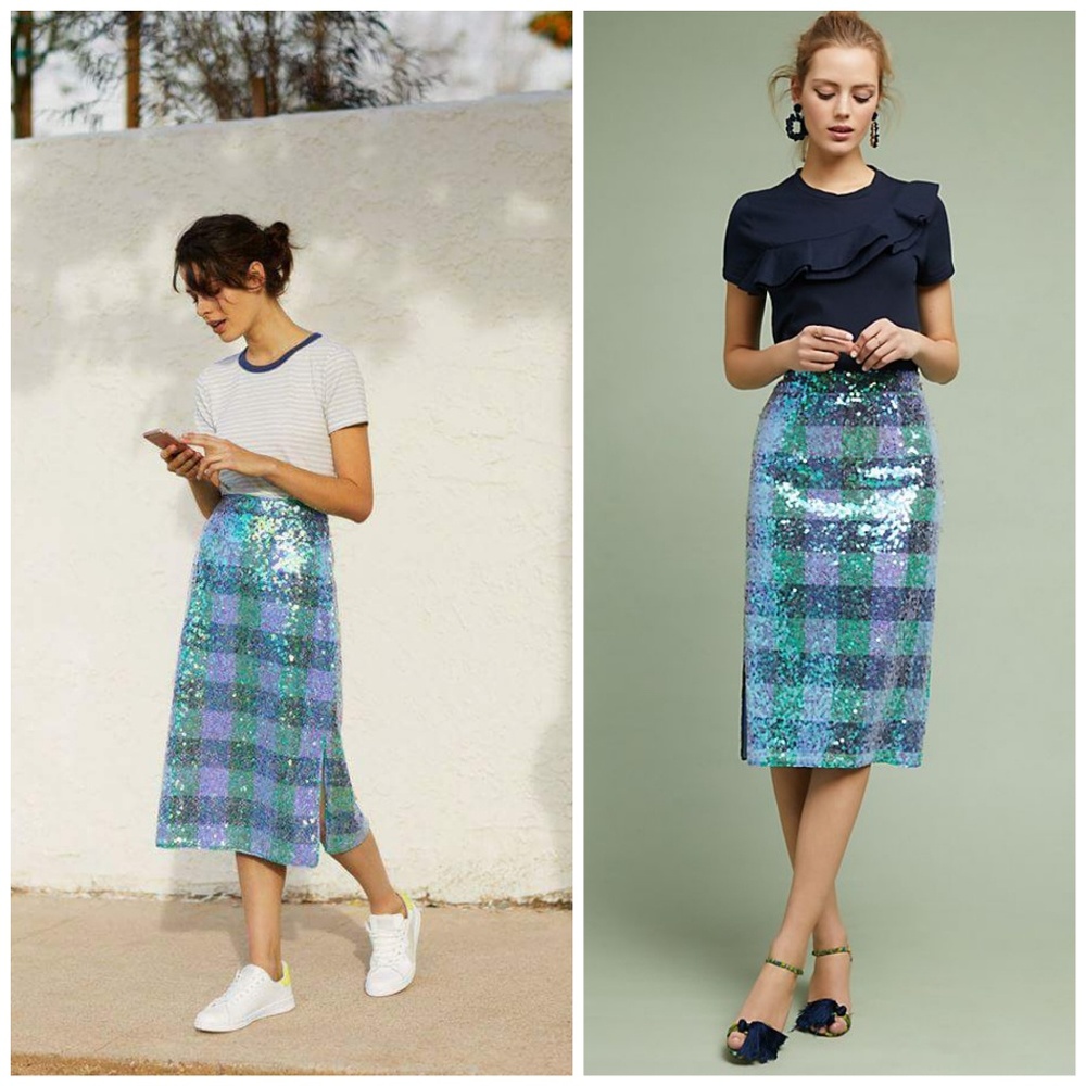 Anthropologie, Sequined Palette Plaid Midi Skirt in Blue/Green NWT